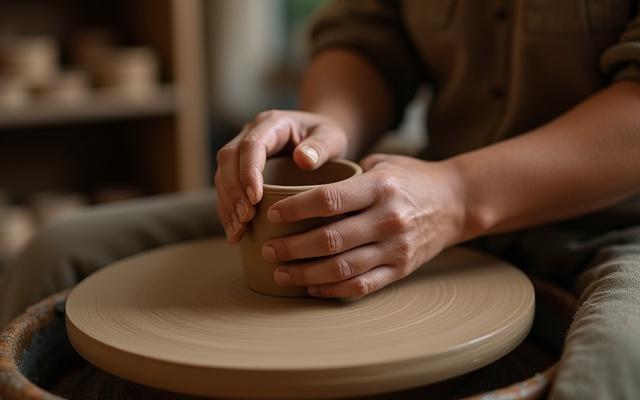 Artisan's hands shaping clay on a potter's wheel in a warm, well-lit studio