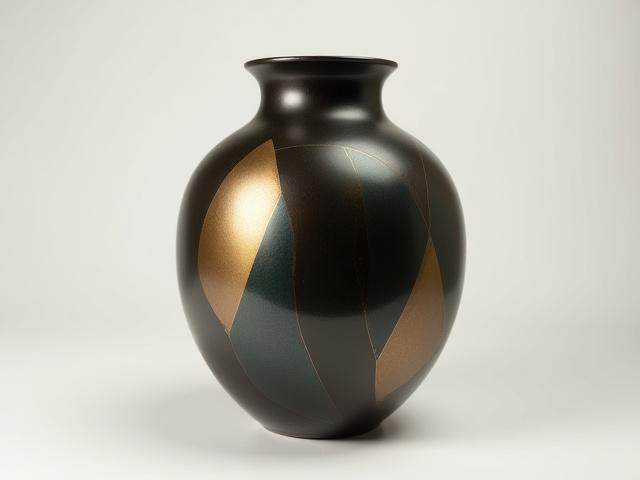 Elegant vase from The Deco Collection, showcasing geometric patterns and metallic glazes